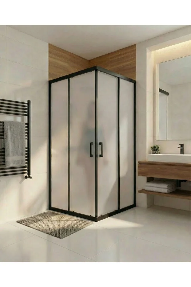 Duşakabin Kare Siyah Buzlu Temperli Cam Sürgülü Kapılı Duşakabin 5 mm 190 cm Teknesiz